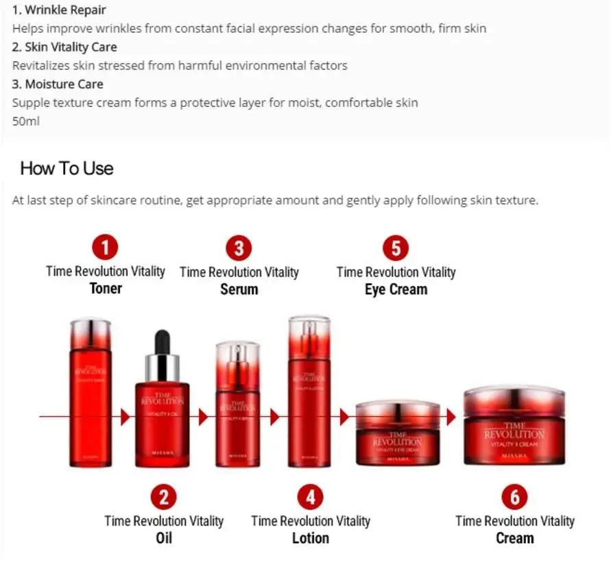 MISSHA Time Revolution Vitality Cream 50ml Facial Care Firming Moisturizing Face Serum Korea Cosmetics OlivienneSkinCo
