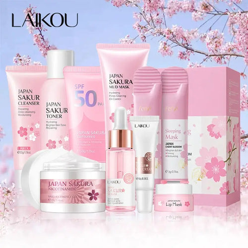9-Piece Sakura Skincare Set – Complete Korean Facial Care Kit for Glowing Skin OlivienneSkinCo